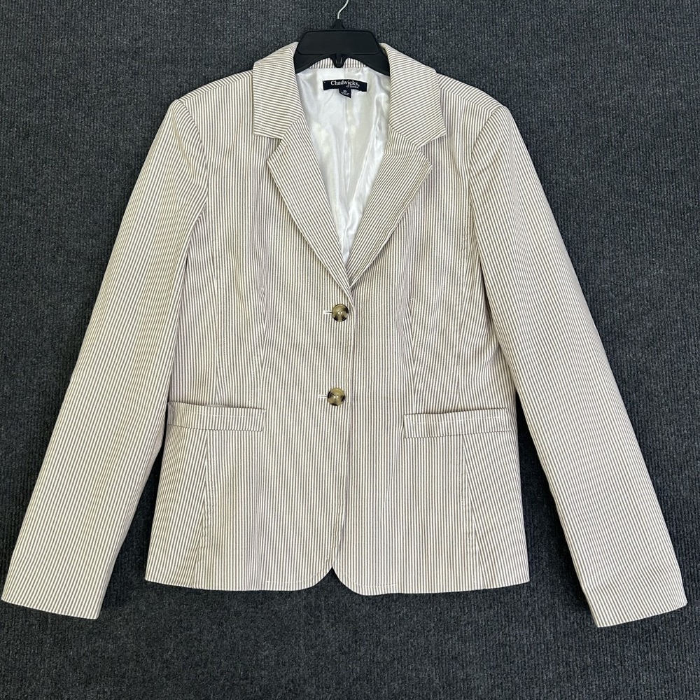 Chadwick's Of Boston Womens 10 Blazer Seersucker Jacket Tan White Stripe Preppy